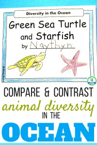 Image of book cover "Green Sea Turtle and Starfish" students can use to compare and contrast the diversity of the two animals which live in the ocean habitat