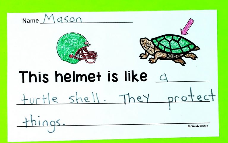 Half page science worksheet showing football helmet and turtle with hard shell. A writing prompt states, "This helmet is like __" followed by lines for student to complete the sentence.