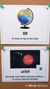 First grade science vocabulary concepts for patterns in space are posted on bulletin boards.