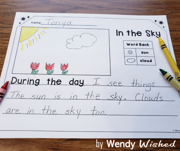 Science worksheet provides word bank, drawing space, and writing lines for students to write about things in the sky