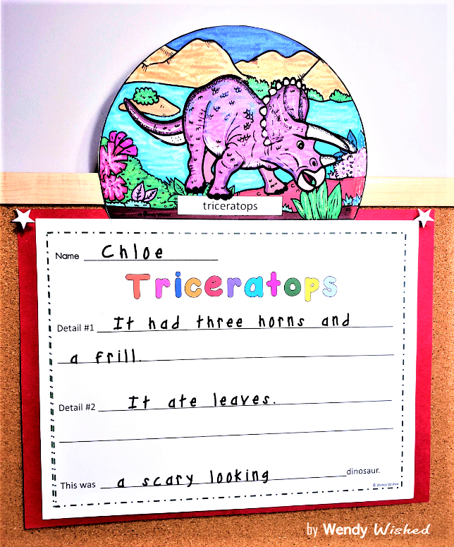 picture of coloring page and writing about dinosuar