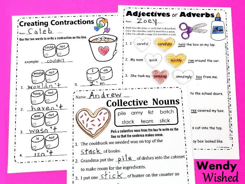 2nd grade Grammar Worksheet Activities for Valentine's Day