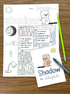 Light themed maze worksheet and shadow mini book photo